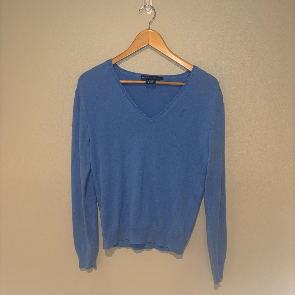 RALPH LAUREN Blue Label 100% Cashmere Italian‎ Yarn V Neck Blue Sweater Large